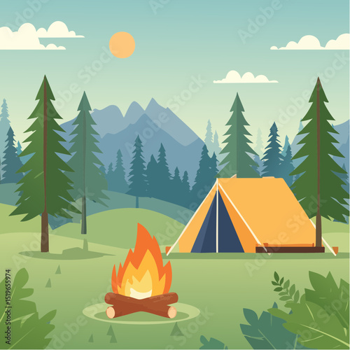 Abstract landscape vector of a summer camping tent in the snowy winter mountains and green forest by the lake