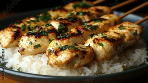 Grilled chicken skewers over rice