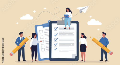 Cartoon-style illustration of diverse characters interacting with a large clipboard checklist, pencils, and a tablet, symbolizing teamwork, planning, and productivity on a soft beige background.