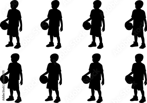 Silhouette of children holding basketballs in a repeating pattern design