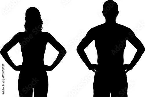 Silhouette of a woman and man standing with hands on hips against white background