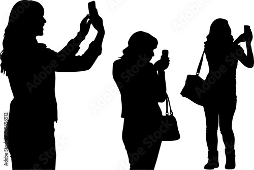Silhouettes of three women using smartphones in a white background image