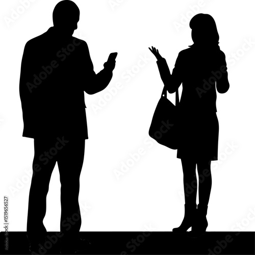 Silhouettes of a man using a phone and a woman gesturing with a shoulder bag