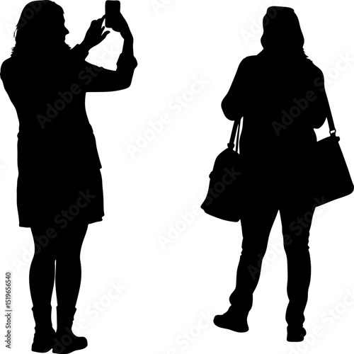 Silhouette of two women one taking a photo and the other carrying large bags