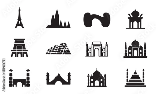 A collection of black silhouette icons representing famous landmarks across the globe, including the Eiffel Tower, ancient structures, and prominent architectural marvels.