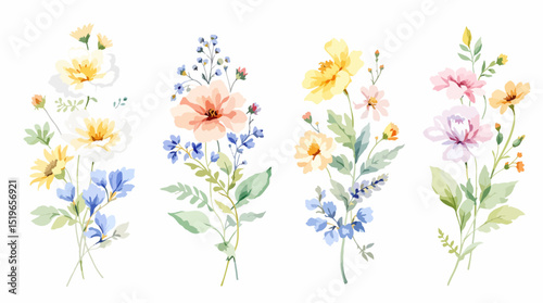 Set of floral bouquet isolated on white background with classical and tropical flowers