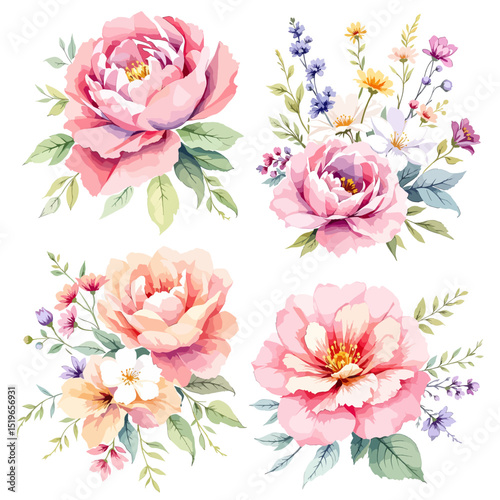 Watercolor light pink flowers and green leaves bouquet and single elements illustration isolated on white for wedding stationary, greetings cards, wallpapers, crafting. Pastel Floral Handpainted frame