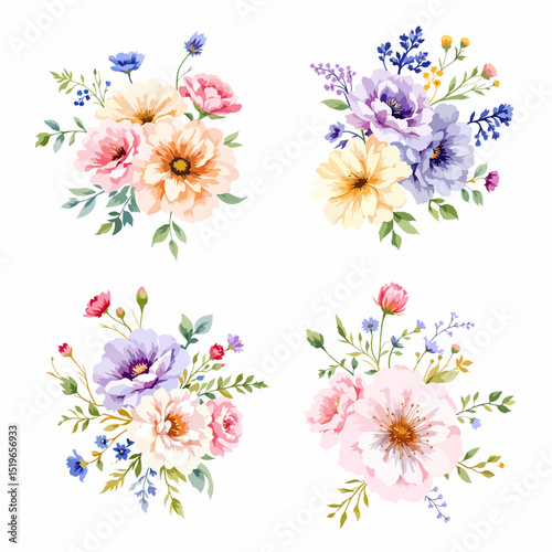 Set watercolor bouquet abstract flowers on white background