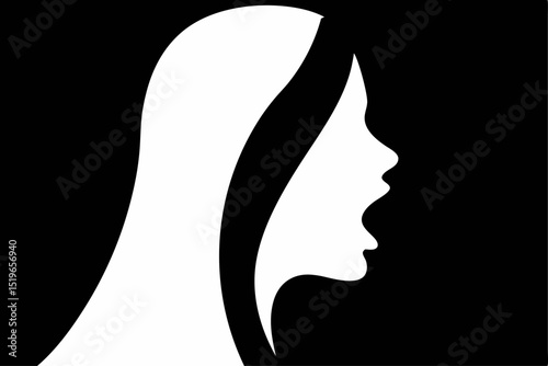 A woman's profile in white against a black background with open mouth shape