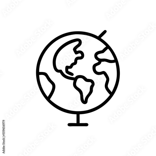 Simple line drawing of a globe showing continents and oceans on a stand with a tilted axis line