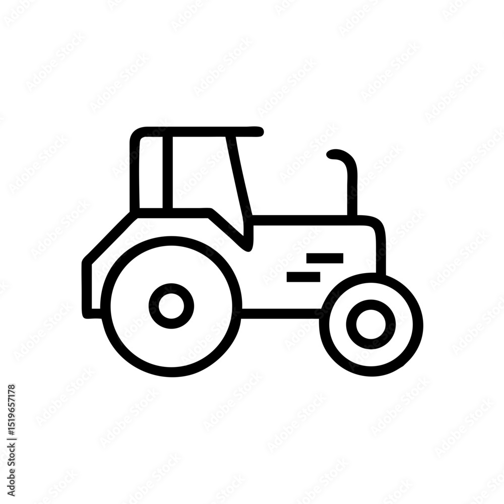 A simple outline drawing of a farming vehicle with a cab and large rear wheels shown sideways A simple outline drawing of a farming vehicle with a cab and large rear wheels shown sideways