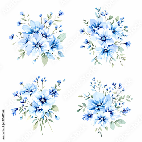 Watercolor blue flowers hand drawn floral illustration set on white background