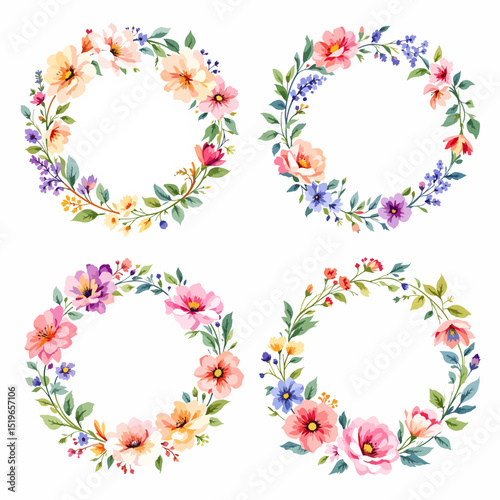 Set Watercolor Summer Floral Wreath, Summer Wreath Clipart Watercolor