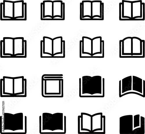 A collection of sixteen book icons in various open and closed configurations