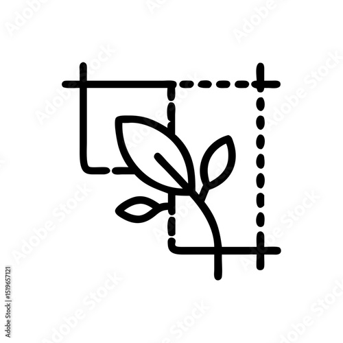 Outline drawing of a plant with leaves emerging from a dashed and solid line square shape design