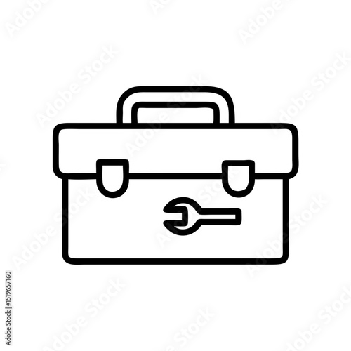 Outline drawing of a toolbox with a handle and a wrench inside the box shown in black lines