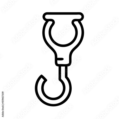 Outline drawing of a metal lifting device with a u shaped top and a curved hook on the bottom part