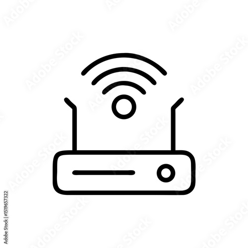 Depiction of a wireless router with antennas and signal waves in simple black outline design style 100