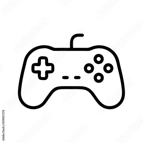 A simple outline of a gamepad with a directional pad, buttons, and a wired connection for gaming use