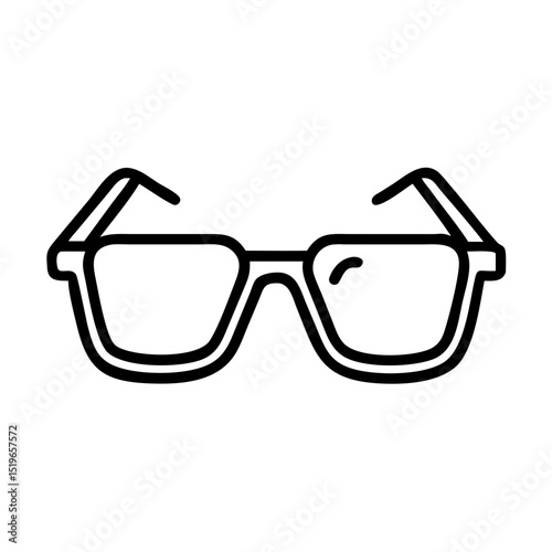 A simple line drawing of eyeglasses with a thick frame and temple arms on a plain white background design