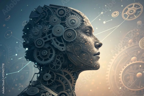 Abstract composition of robotic components forming a human face Innovative profile of a humanoid figure made of intricate gears and mechanical parts.