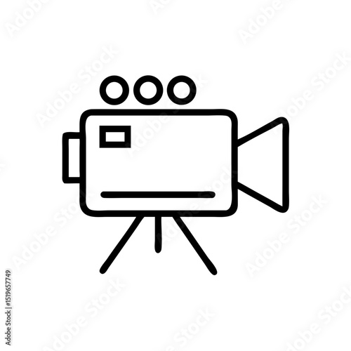 Simple line drawing of a vintage film camera on a tripod with three top mounted lenses shown