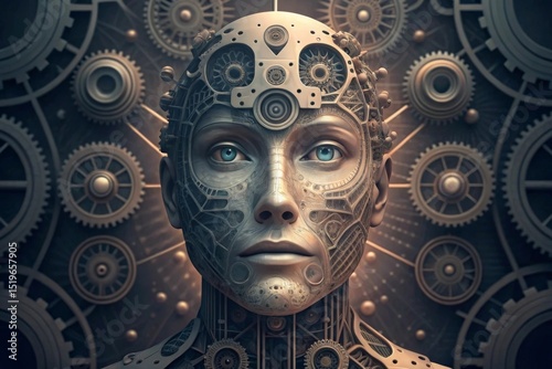 Abstract composition of robotic components forming a human face Artificial intelligence face with mechanical gears in the background.