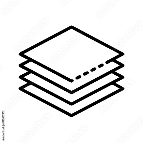 Isometric presentation of a stack of four square shaped white sheets with dotted lines 100 char