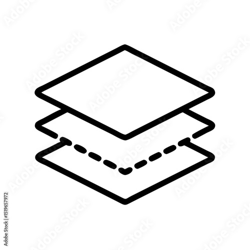 Three stacked square shapes with a dashed line in the middle, creating a layered appearance of objects