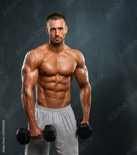 Muscular Young Man Exercise with Weights, Lifting Weights