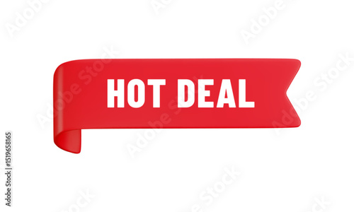 Vector cartoon 3d Hot Deal badge. Red label ribbon with text. Realistic 3d render online shop banner. Cute design element for web, banner design, sticker or tag, new collection sign, advert, app