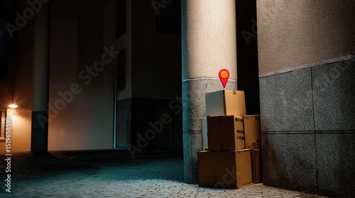 A collection of cardboard boxes rests beneath a streetlamp in a quiet urban area. The dim light reveals the shapes and textures of the boxes, creating a stark contrast with the surrounding darkness