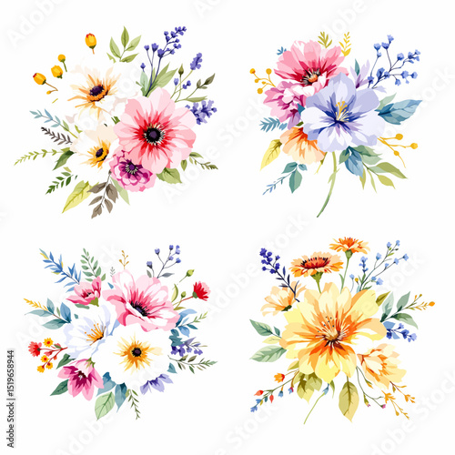 digital illustration, fresh bunch of wild flowers, isolated on white background