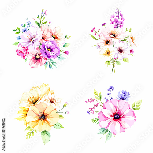 Watercolor pink and purple flowers and green leaves Illustrations isolated