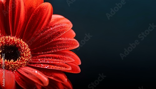 red flower with water drops on black background with copy space