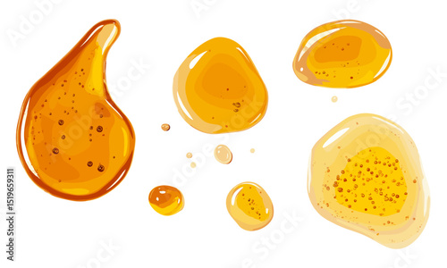 Honey spill isolated on white, vector illustration, dripping honey, food splash, top view, sweet liquid, natural honey texture, golden honey, organic syrup.