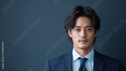 young Japanese businessman in sharp suit, exuding confidence and professionalism.
