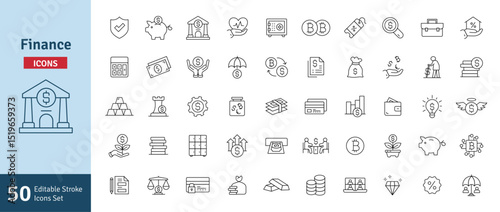 Finance Line Icons Set. Funding, Economy, Investment, Strategy, Growth, Piggy Bank, Payment, Banking, Money, Investor Icons. Editable Stroke Vector Illustration