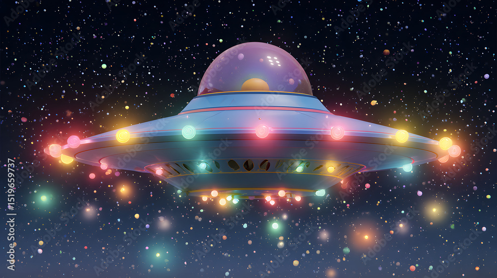 A fun, non-scary UFO with colorful lights hovering over a cartoonish starry background A fun, non-scary UFO with colorful lights hovering over a cartoonish starry background