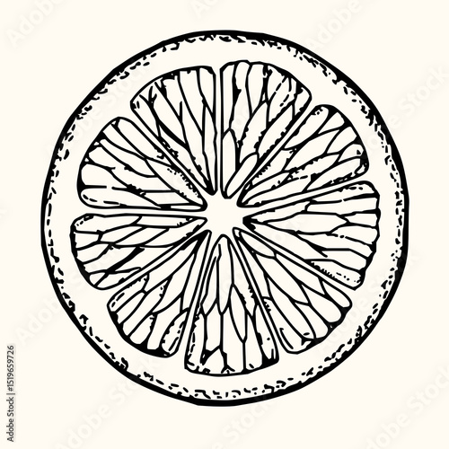 Minimilist a black and white drawing of a citrus fruit slice showing the segments and the textured outer rind detail vector