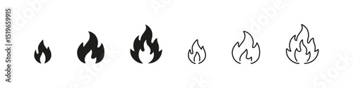 Fire icons in small, medium, and large size variations. Flame flat and outline icon set.