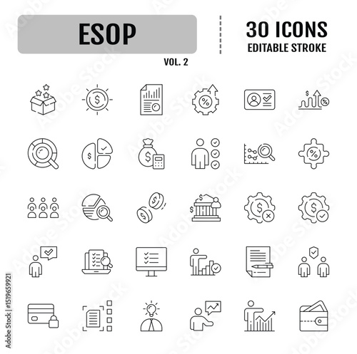 Esop line icon set. Containing Employee, plan, ownership, stock, profit and more. Editable stroke. Vector illustration