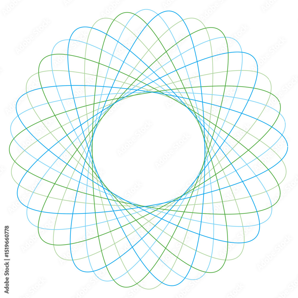Geometric circular line art vector with editable strokes. Abstract blue and green spirograph pattern creating an elegant, intricate symmetrical design element.