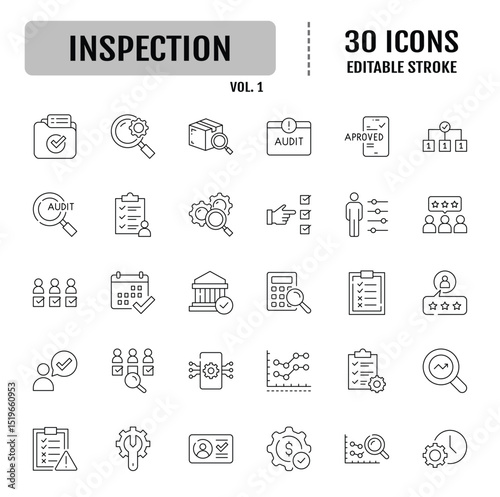 Inspection line icon set. Containing Inspection, supervision, examination, inspection assessment. Editable stroke. Vector illustration