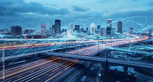 A cityscape with network lines and traffic connecting various areas, illustrating urban connectivity and movement, Generative AI.