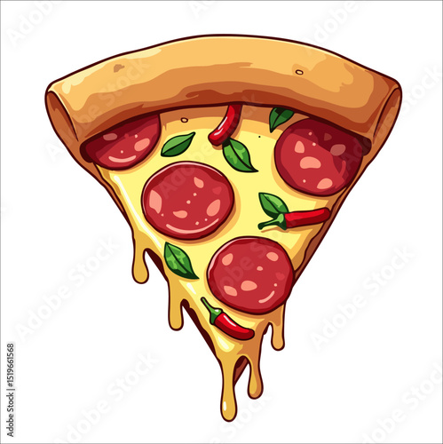 Vector fashion design for t-shirt, food packaging with 
triangular slice of round pizza
with sausage, pepper, greens, cheese isolated
on transparent background. 
Print for fabric, clothing. 