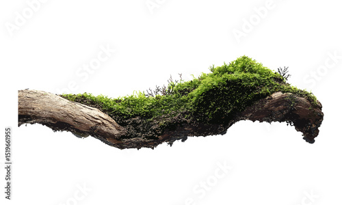 Fresh green moss on rotten branch and dirt isolated on white, side view, vector illustration, clipping path, nature illustration, organic texture, forest floor, natural habitat.