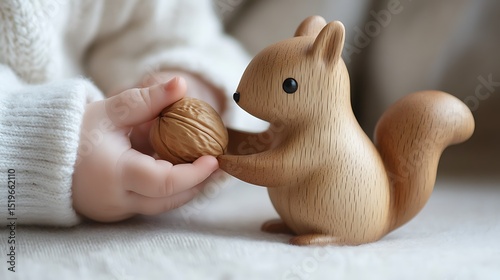 Close up of kids hand playing with wooden organic baby teether toy squirrel with nut on light background photo