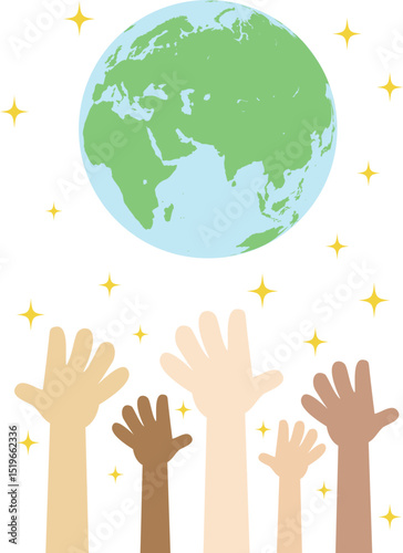 希望に手を伸ばす未来の子どもたちと地球のイラスト/Children Reaching for the Earth – Hopeful World and Future Illustration