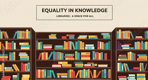 Library bookshelves with diverse collection, promoting equal access to knowledge, for educational websites